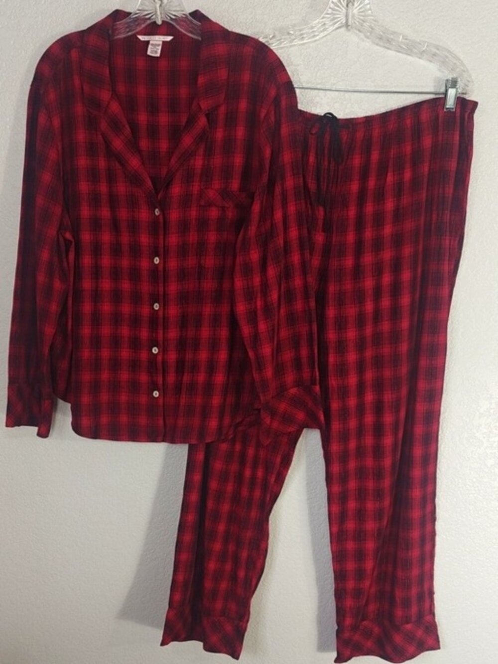 Victoria's Secret XL Cotton Pajama Set Red Black Metallic Plaid